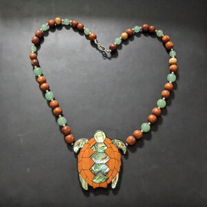 Vintage Lee Sands Turtle Abalone Inlay Bayong Wood Jade Sterling Silver Necklace